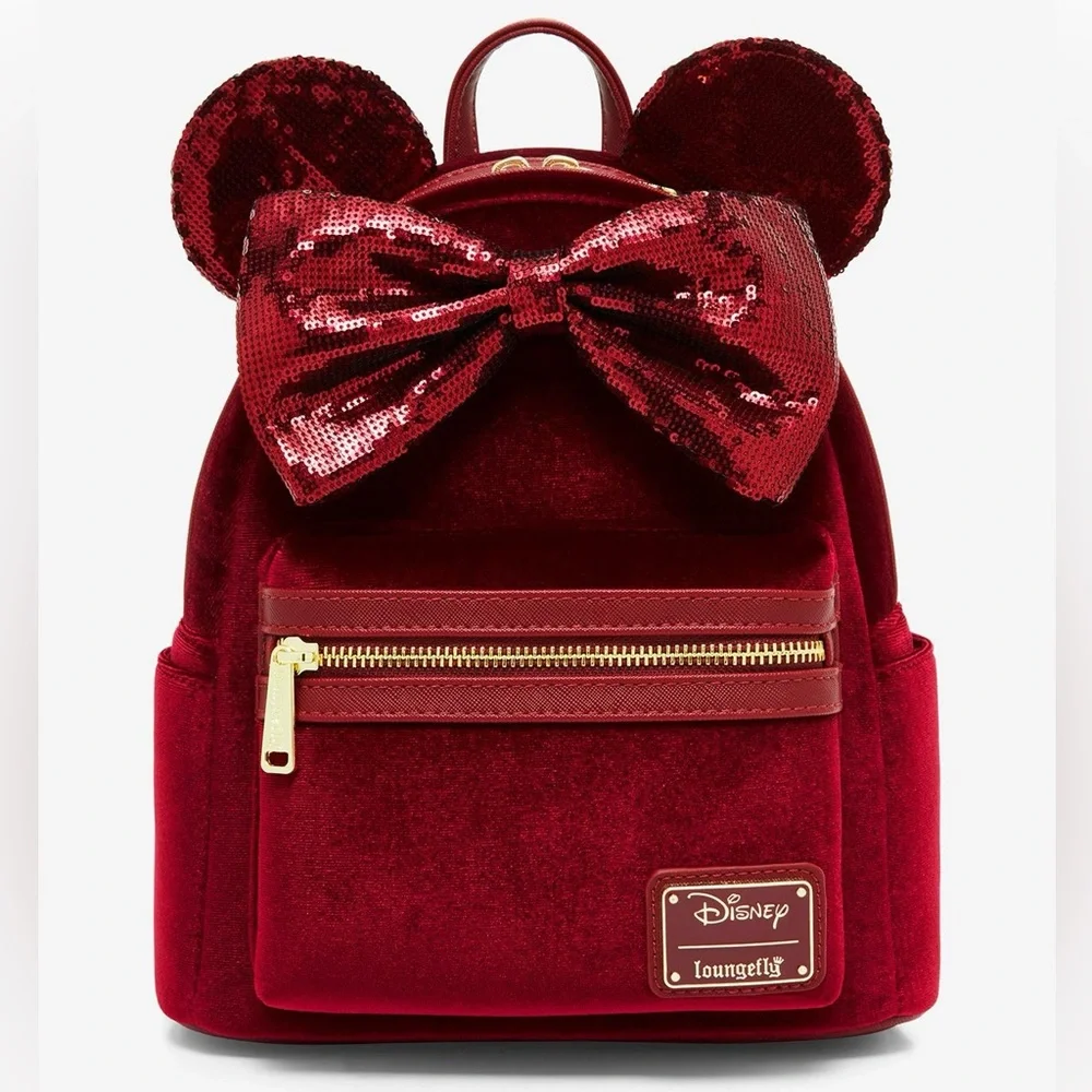 Loungefly Disney Minnie Mouse Velvet Sequined Ears Mini Backpack NWT